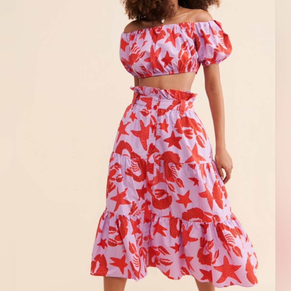 FARM Rio Red and Purple Lobster Midi Skirt